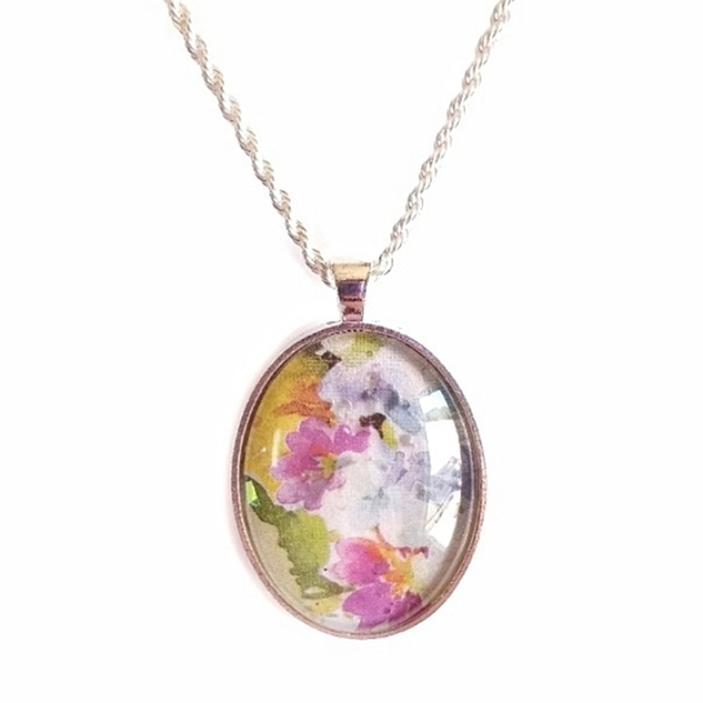 Sterling silver multicolored floral flower oval pendant on 20" inch necklace New